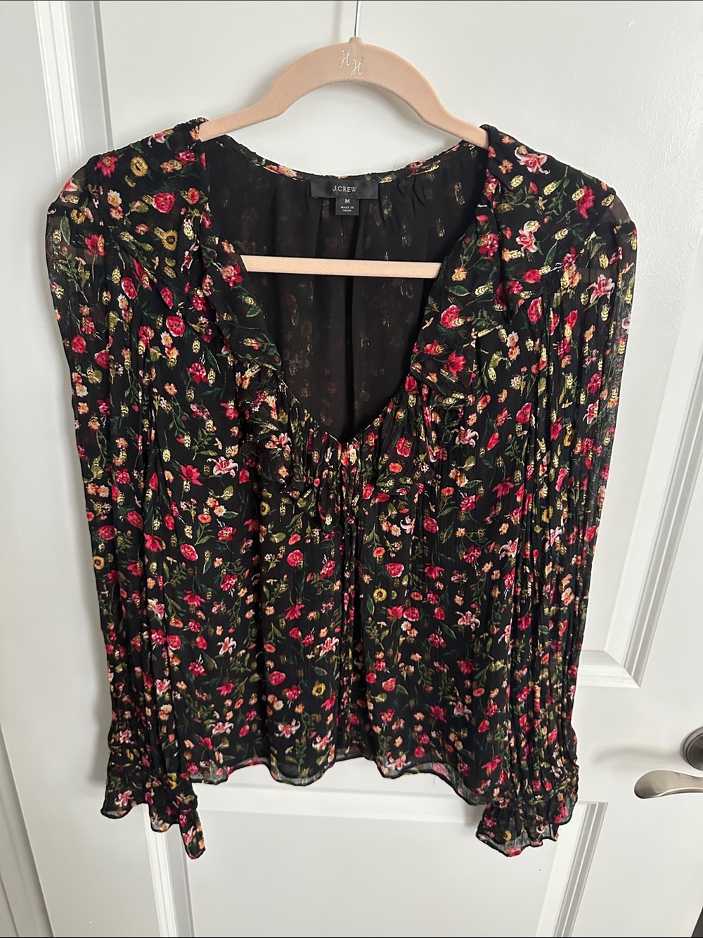 J. Crew Black Floral Ruffle Tie-Neck Blouse with Red and Green Accents